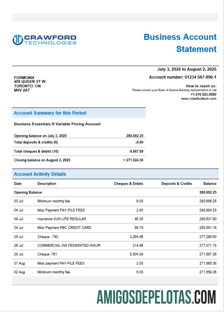 Exemplo de extrato bancário comercial CrawfordTech em formato Word e PDF